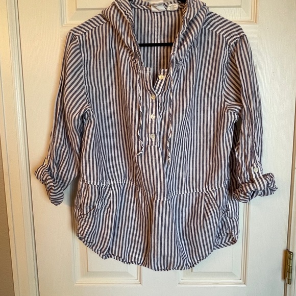 C&C California Blue White Striped Linen Hooded Top Size M - Picture 2 of 11
